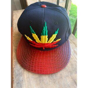 Embroidered Rasta Pot Leaf Hat Snake Skin Leather Flat Bill Snap Back Weed Cap